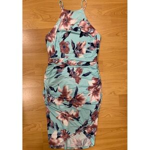 Trac Mint Green and Pink Floral Ruched Halter Dress